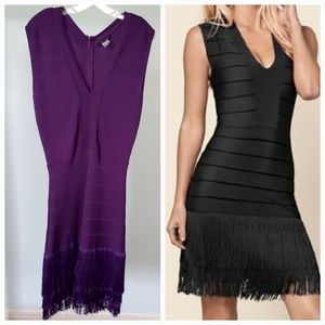 Venus Purple bandage midi dress fringe hem
